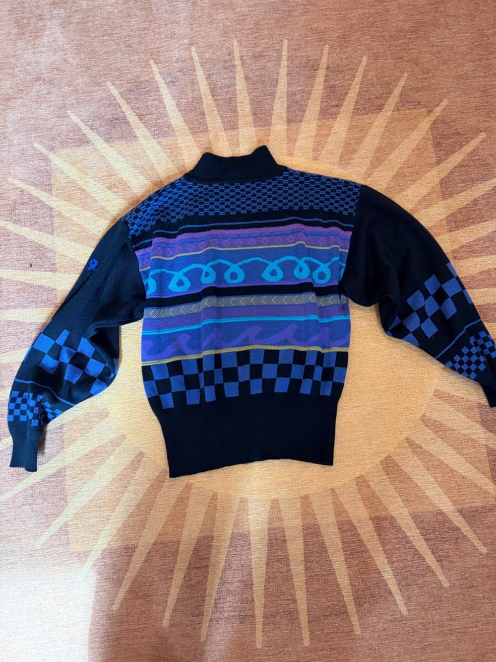 Demetre vintage Black Turtleneck Sweater with Blue and Purple Geometric Stripes